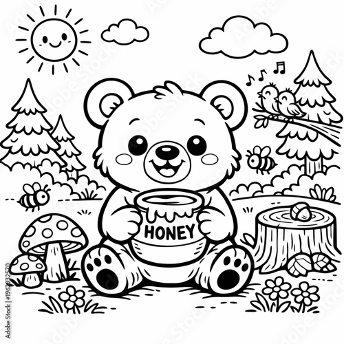 Friendly grizzly bear holding a honey pot in a forest.