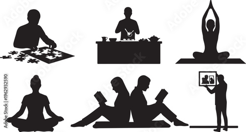 Silhouettes of diverse human activities in black and white human figures yoga meditation