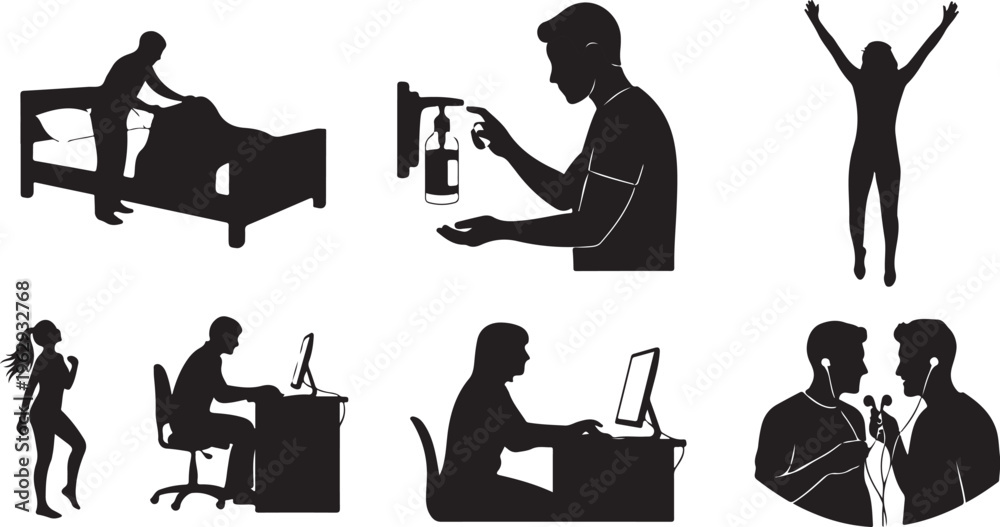 Fototapeta premium Silhouettes of diverse people engaging in various activities and poses in a minimalist style