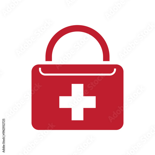 Isolated icon of bright red first aid bag representing emergency medical kit, healthcare support, rescue equipment, and safety preparedness symbol