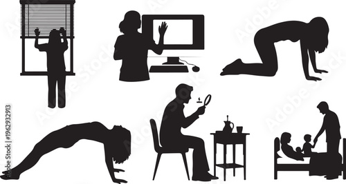 Silhouettes of diverse people performing various office and fitness activities black work