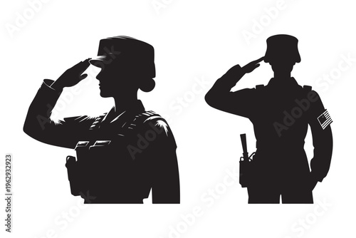 Black silhouette of a female soldier saluting isolated on white background