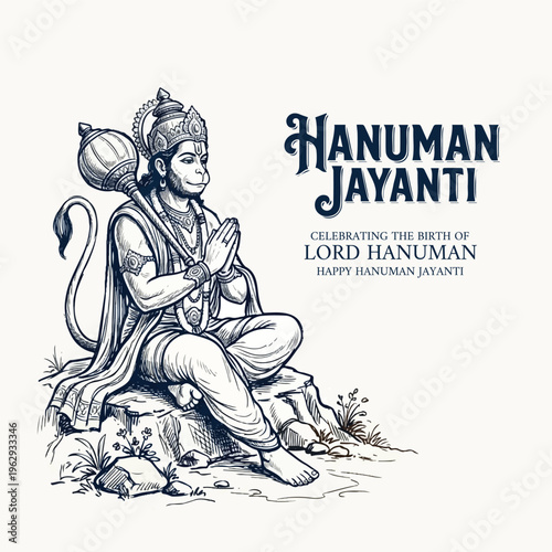 Lord Hanuman in prayer pose with Gada, Hanuman Jayanti celebration hand drawn sketch vector illustration