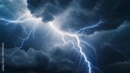 Dramatic bolts of electrical lightning illuminate the tumultuous, dark storm clouds, creating an intense and powerful display of nature's raw energy during a severe weather event