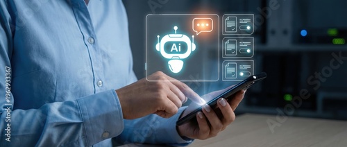 Engaging with ai technology office setting digital interaction modern workspace close-up view innovation and productivity enhancement