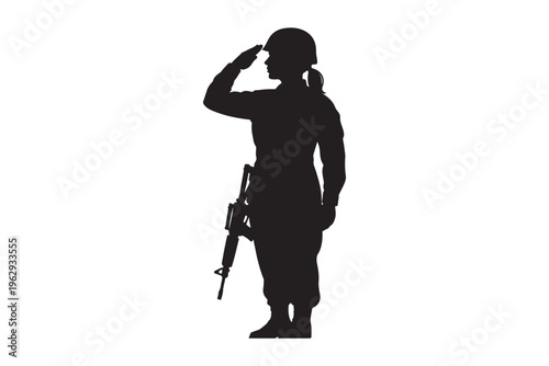 Black silhouette of a female soldier saluting isolated on white background