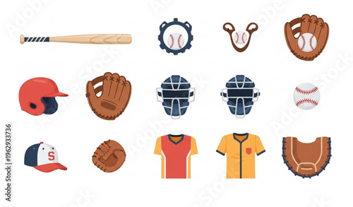 Baseball gear icon collection with bat ball glove helmet and uniform vector