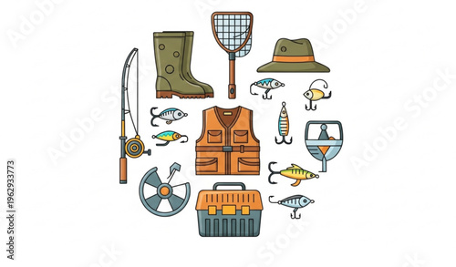 Fishing equipment icon collection with rod net boots vest hat and lure vector