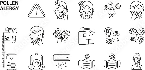 A pollen allergy icon set in clean modern vector style, medical and healthcare themed icons, pollen grains and flowers, allergy warning symbol, sneezing face, runny nose, itchy eyes, nasal congestion,