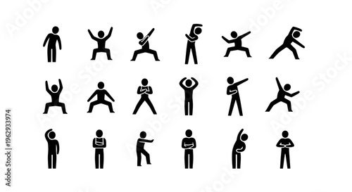 Collection of black silhouette stick figures in various yoga poses and stretches