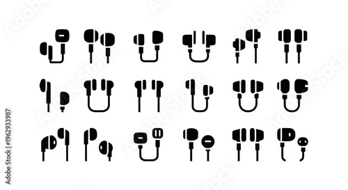 Collection of various earbud and headphone icons in black silhouette