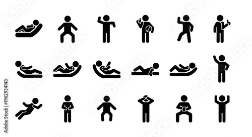 Collection of black silhouette icons depicting various human poses and exercises