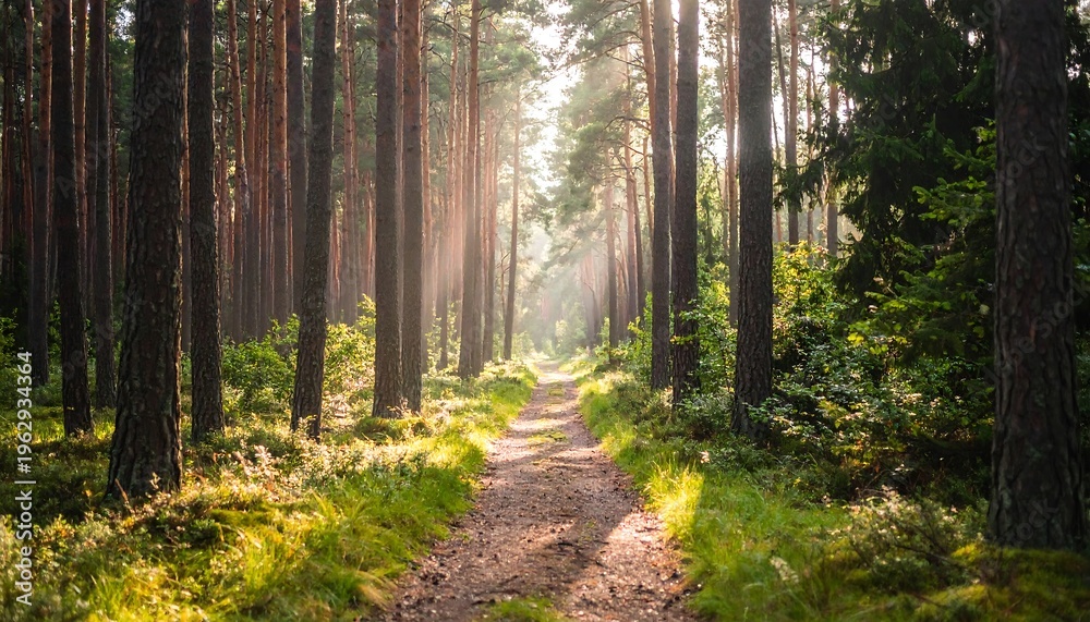 Fototapeta premium Sunlight filtering through a dense forest path, illuminating the way forward.