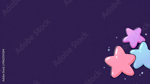 Modern purple background featuring glossy 3D pink and blue stars arranged in the corner, creating a vibrant and playful composition with ample copy space  made with generative AI