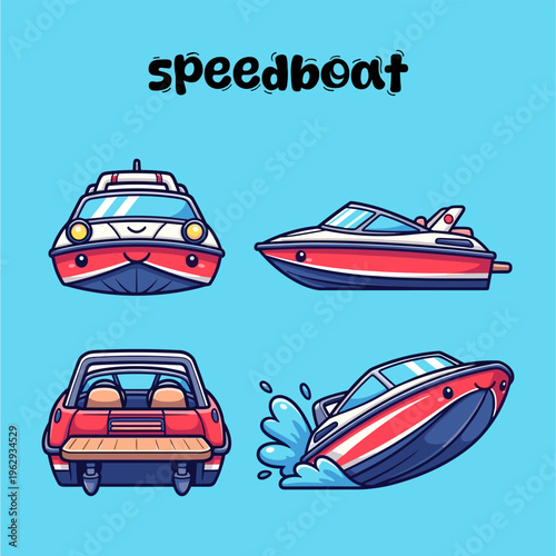 cute speedboat mascot four images yellow blue white