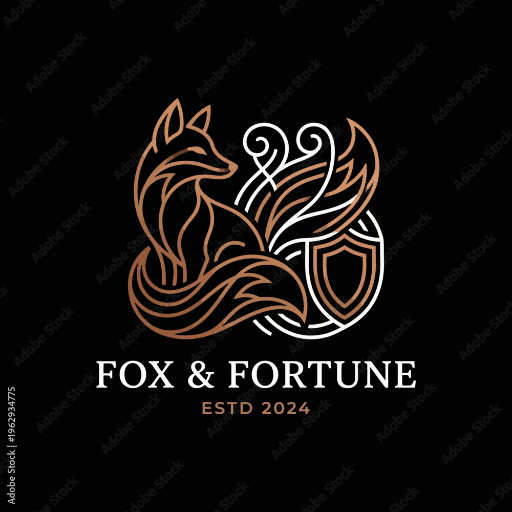 Fototapeta premium A sophisticated logo featuring a beautifully illustrated fox, symbolizing wisdom and fortune, designed to appeal to premium brands or services.