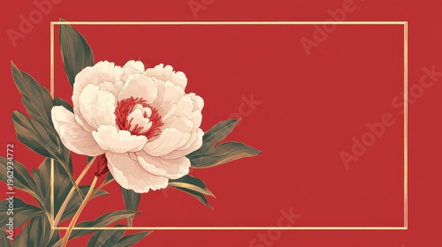 Peony flowers on a red background and a frame