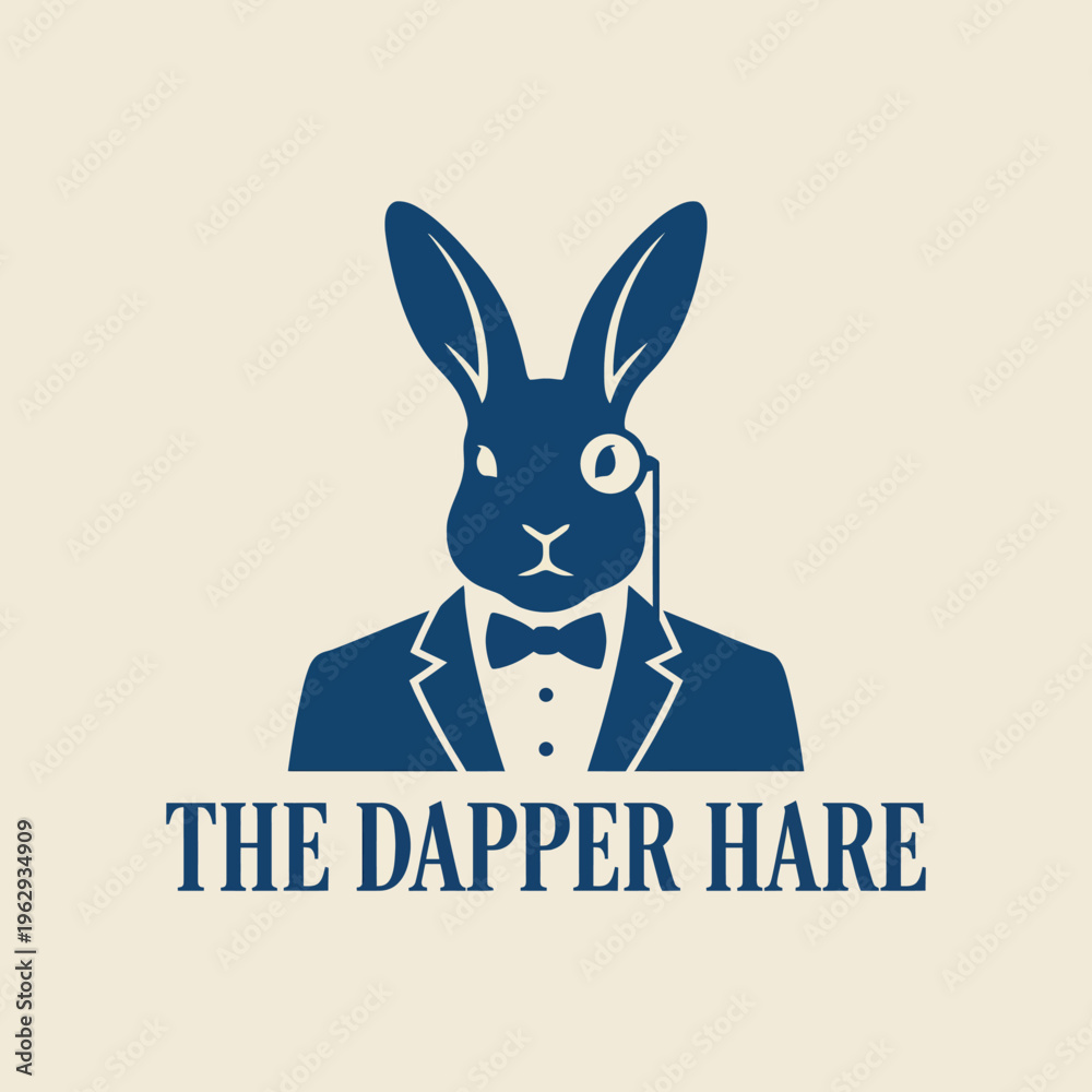 Fototapeta premium This unique logo features a dapper hare dressed in a tuxedo and monocle, presenting a whimsical and classy representation, perfect for fun and stylish branding.