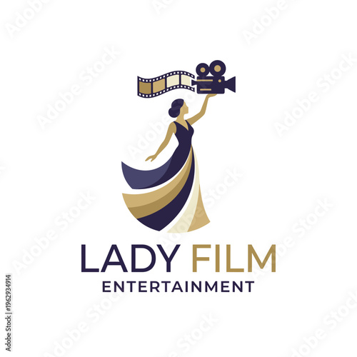 This artistic logo features a stylish lady holding a film camera, representing the film industry and entertainment with elegance and a classic touch.