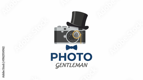 A unique logo featuring a vintage camera adorned with a top hat, monocle, and bow tie, reflecting a sophisticated approach to photography and capturing memories.