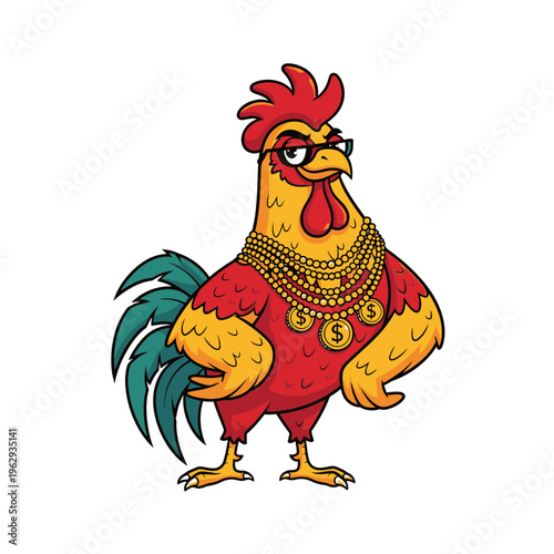 Cool cartoon rooster wearing sunglasses and gold chains with dollar signs.