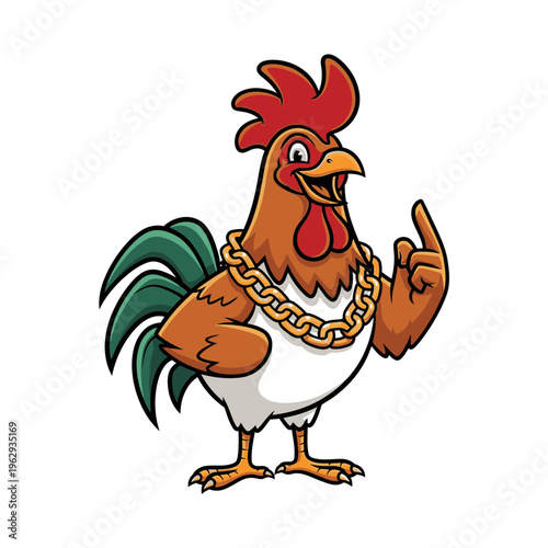 Funny cartoon rooster wearing a gold chain and pointing.