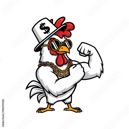 Funny chicken wearing a hat and sunglasses with a gold chain.