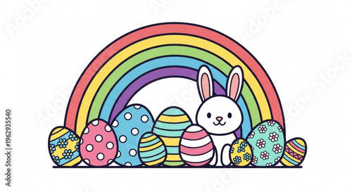 Colorful easter bunny with rainbow and decorated eggs on white background festive holiday illustration