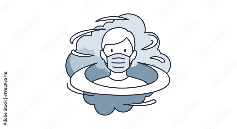 Fototapeta premium Person with face mask surrounded by air pollution clouds, health hazard icon, white background