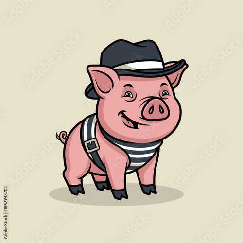Charming Cartoon Pig Wearing a Stylish Hat and Striped Scarf.