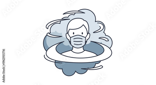 Person with face mask surrounded by air pollution clouds, health hazard icon, white background