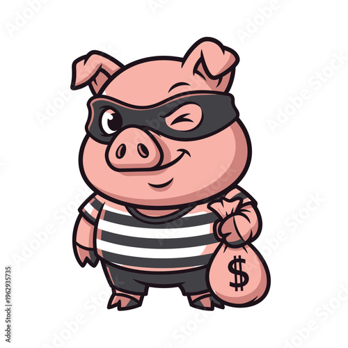 Cute Cartoon Pig Thief with Money Bag Winking.