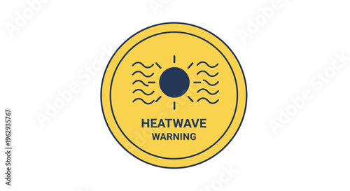 Heatwave warning round emblem with sun and waves, alerting to high temperatures, sun rays