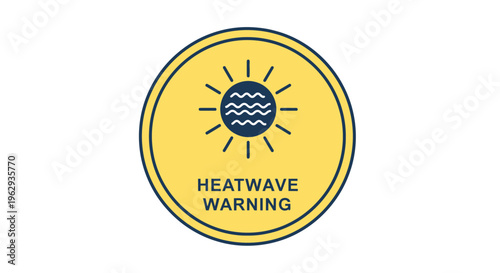 Yellow circle warning sign for heatwave alert with sun and water icons with a yellow circular sign with a sun