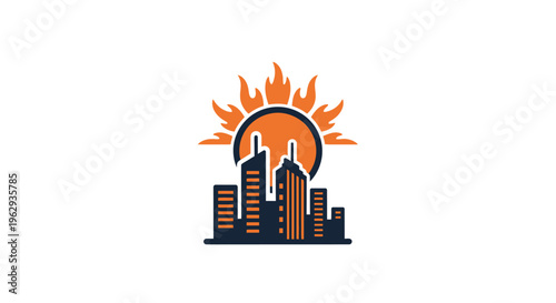 Stylized city skyline beneath a blazing sun, indicating urban heat and climate impact, heat island