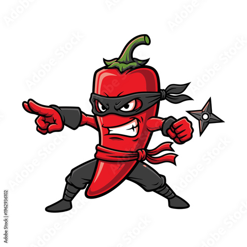 Cartoon Red Chili Pepper Ninja Character Posing Aggressively.