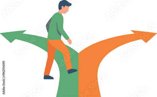 A man standing on a diverging road with arrows pointing in opposite directions