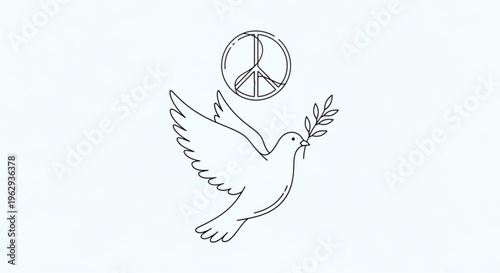 Dove flying with olive branch and peace sign symbolizing harmony and tranquility in a simple line art style