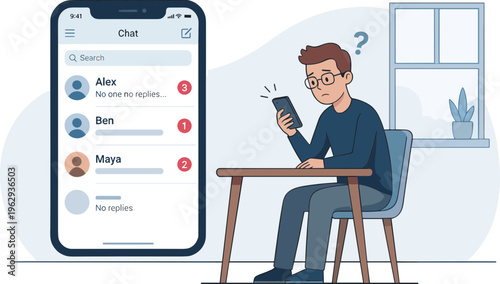 Man sitting at a table looking worried while checking his smartphone