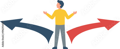 A man stands between two arrows making a difficult decision.