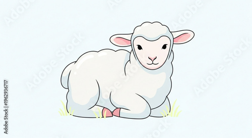 Cute white lamb lying down on green grass looking directly at the viewer with pink ears and nose on a plain white background