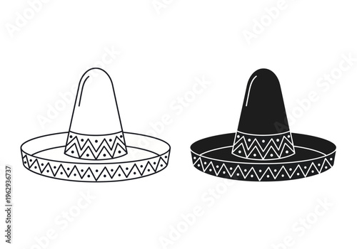 An illustration depicts two sombreros with decorative patterns on their brims and bands side by side on a white background.