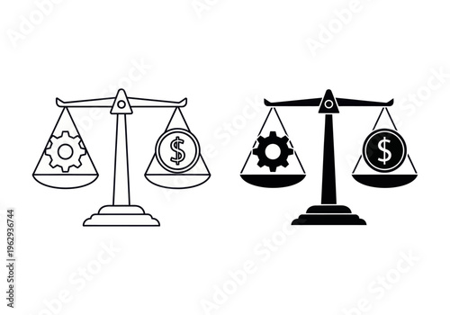 The balance scales compare a gear and dollar sign weighing equally on two sides.
