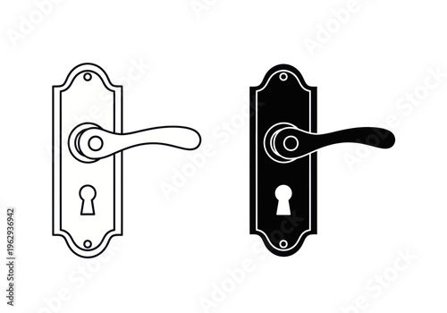 Two door handles with keys on plates side by side in black and white