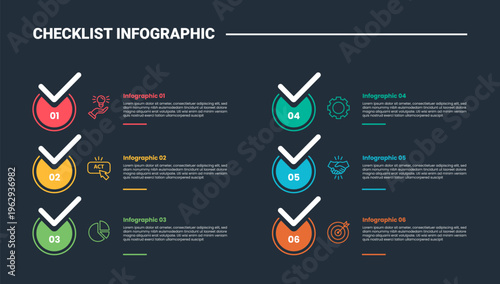 Checklist infographic process diagram with big circle and check sign on top with outline list with dark background bright outline style 6 points
