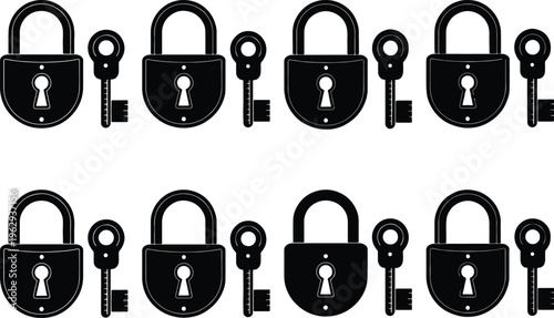 Eight black silhouette vintage padlocks with keys, arranged in a pattern on a white background, symbolizing secrets and access.