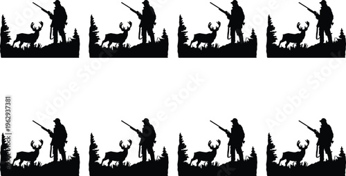 Eight black silhouette figures of a hunter with a rifle and a deer in a forest setting, symbolizing outdoor adventure and wildlife.