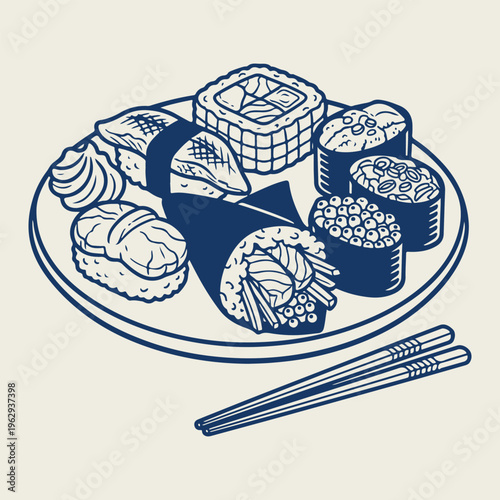 Sushi Platter Assortment with Rolls and Nigiri Line Drawing