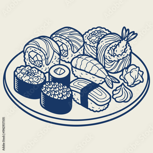 Sushi Rolls and Nigiri Plate Line Drawing