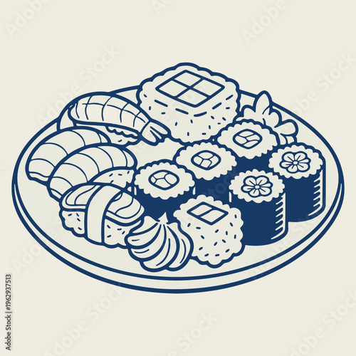 Sushi Platter Assortment Line Art Illustration